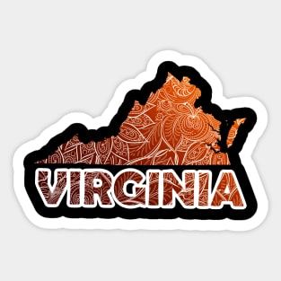 Colorful mandala art map of Virginia with text in brown and orange Sticker